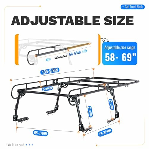 Diagram showing adjustable size truck rack with dimensions.