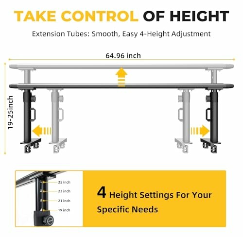Adjustable table with four height settings and extension tubes.