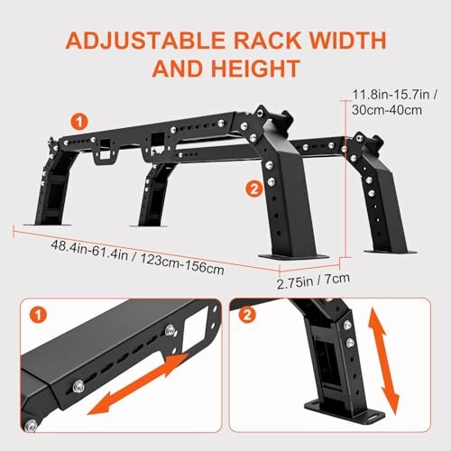 Adjustable rack with width and height measurements.