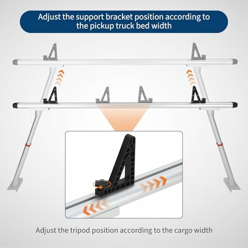 Illustration of adjustable support bracket and tripod position for pickup truck bed width.