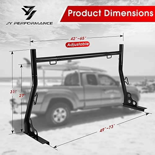 Adjustable truck rack with dimensions and a blurred vehicle in the background.