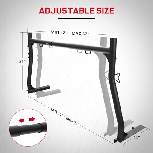 Adjustable truck rack dimensions and design features.