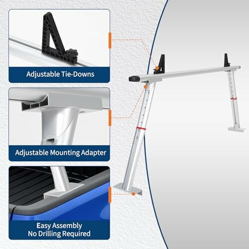 Adjustable truck rack with tie-downs and mounting adapter, easy assembly.