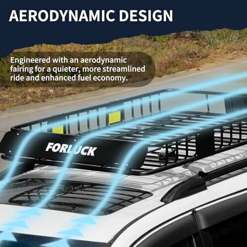 Aerodynamic car roof rack with fairing for fuel efficiency.