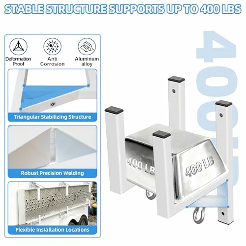 Aluminum structure supports up to 400 lbs with triangular stability, precision welding, and flexible installation.