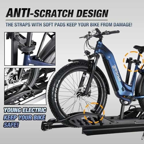 Anti-scratch bike rack with straps and soft pads for protection.