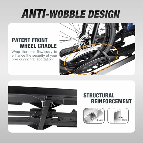 Anti-wobble bike rack design with patent front wheel cradle and structural reinforcement.