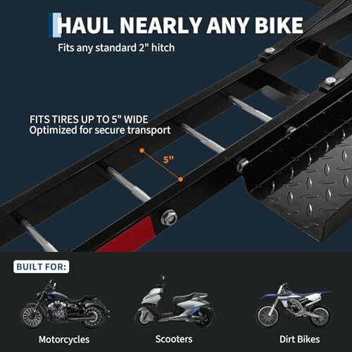 Bike hauler ramp for 2-inch hitch, fits motorcycles, scooters, and dirt bikes.