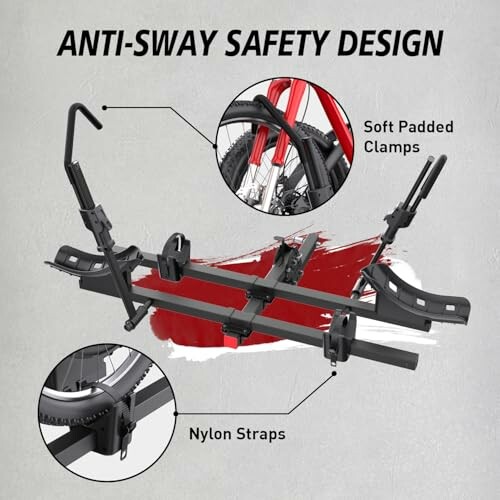 Anti-sway bike rack with soft padded clamps and nylon straps.