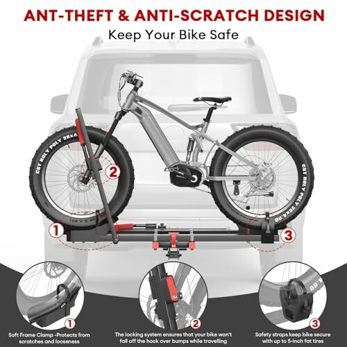 Anti-theft bike rack mounted on vehicle with fat tire bike.