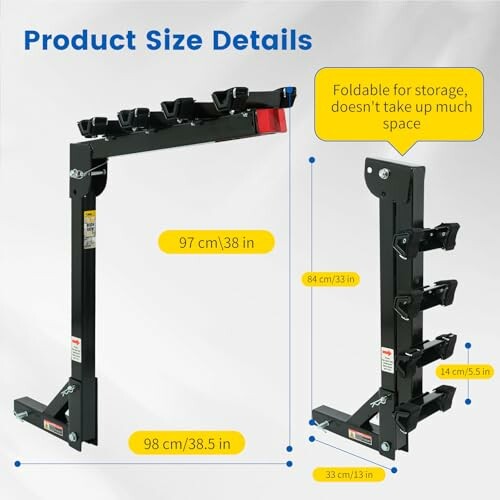 Foldable bike rack with size details, 97 cm tall, 98 cm wide, and 84 cm depth.