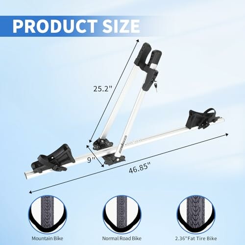 Dimensions of a bike rack with 25.2 inch height and 46.85 inch length, suitable for mountain, road, and fat tire bikes.