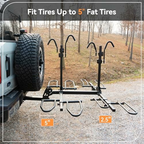 Bike rack for fitting up to 5-inch fat tires attached to a vehicle.