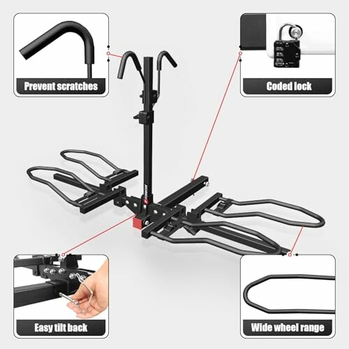 Bike rack with features including scratch prevention, coded lock, tilt mechanism, and wide wheel range.
