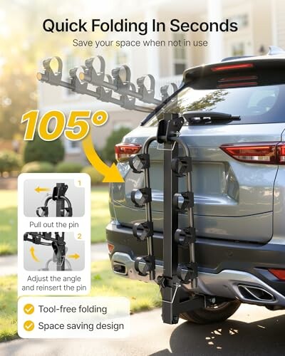 Car with a foldable bike rack attached, demonstrating quick folding feature.