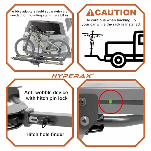 Bike rack installation guide for e-bikes, caution warning, anti-wobble device and hitch pin lock.