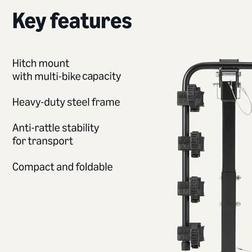 Key features of a bike rack with hitch mount, heavy-duty steel frame, anti-rattle stability, and compact design.