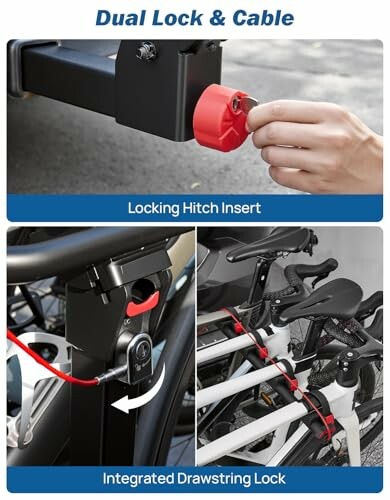 Dual lock and cable system for bike rack with locking hitch insert and integrated drawstring lock.