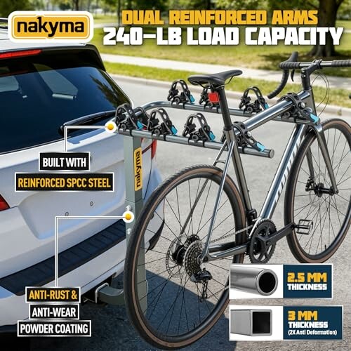 Car with a mounted bike rack holding a bicycle, highlighting features like dual reinforced arms and 240-lb load capacity.