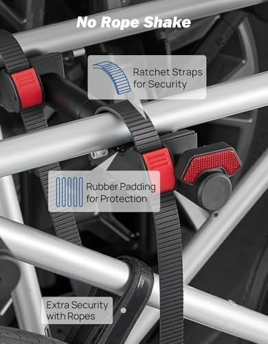 Close-up of bike rack showing ratchet straps, rubber padding, and ropes for security.