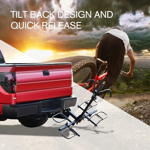 Truck with a bike rack featuring tilt back design and quick release.