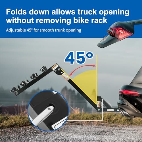 Bike rack folds down at 45 degrees for truck access.