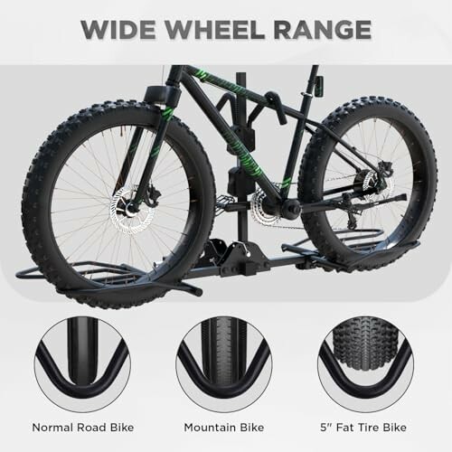 Bike rack displaying wide wheel range for different bike types.