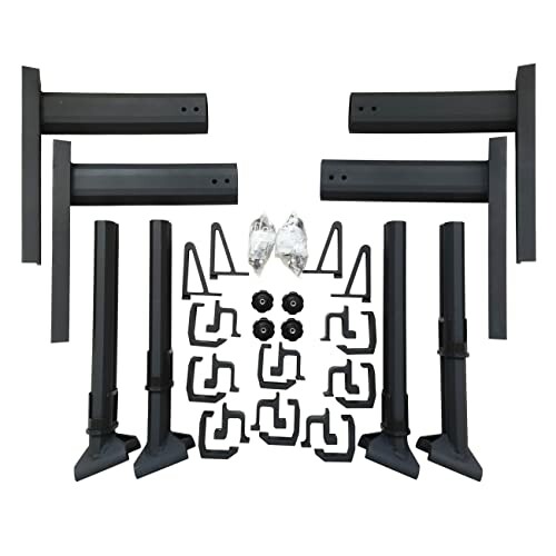 Set of black metal table legs and assembly parts.