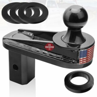 Black trailer hitch ball mount with American flag design.