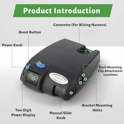 Diagram of a brake controller with labeled parts including power knob, boost button, and manual slide knob.