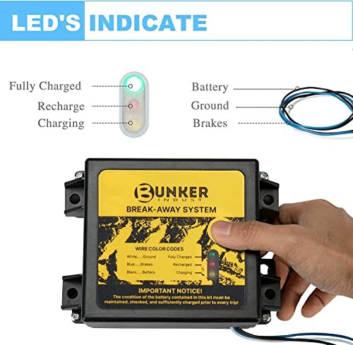 Bunker Indust break-away system with LED indicators for battery status.