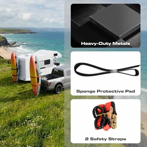 Camper truck by the coast with heavy-duty metals, sponge pad, and safety straps.