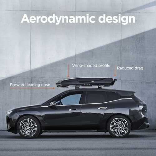 Black car with aerodynamic design features labeled, including wing-shaped profile and forward leaning nose.