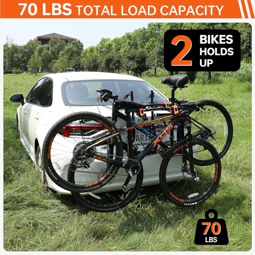 Car with bike rack holding two bikes, 70 lbs capacity.