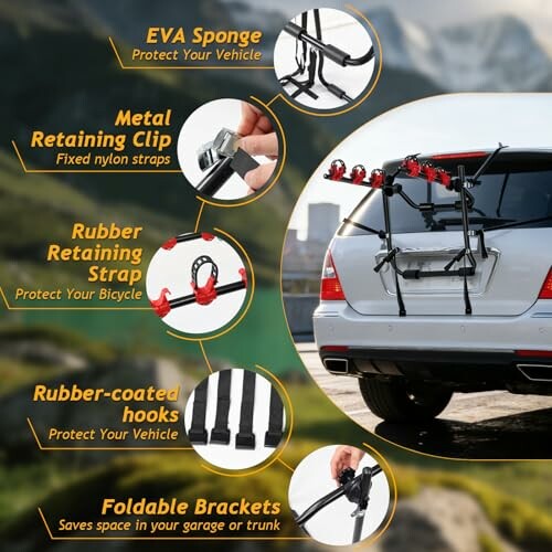 Car with bike rack highlighting features like EVA sponge, metal retaining clip, rubber retaining strap, rubber-coated hooks, and foldable brackets.