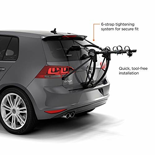 Car with a bike rack mounted on the rear, featuring a 6-strap tightening system for secure fit and quick, tool-free installation.