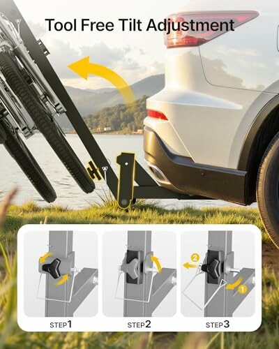 Car with bike rack demonstrating tool-free tilt adjustment.