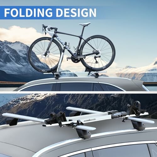 Car with bicycle roof rack featuring folding design