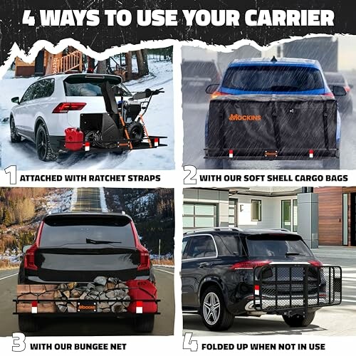 Four ways to use a car carrier: ratchet straps, soft shell cargo bags, bungee net, folded when not in use.