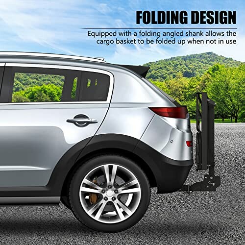 Car with a folding cargo basket attached to the rear.