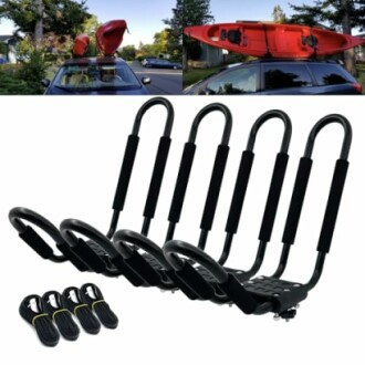 Kayak rooftop carriers mounted on cars with additional J-bar racks and straps.