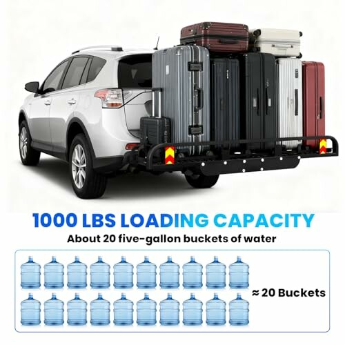 Car with luggage carrier showing 1000 lbs loading capacity, equivalent to 20 five-gallon water buckets.