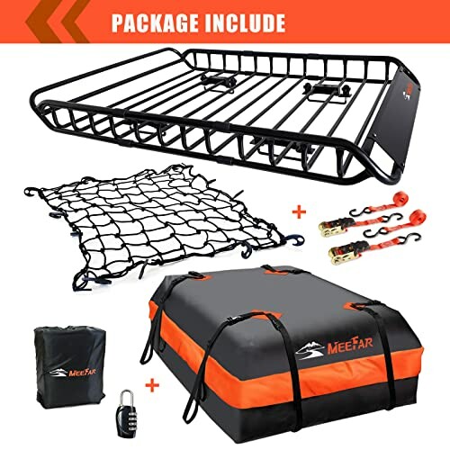 Car roof cargo carrier kit with metal rack, storage bag, lock, and straps.