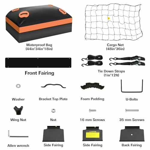 Car roof rack accessories including a waterproof bag, cargo net, fairings, straps, and installation hardware.