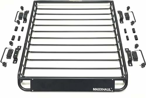 Car roof rack with assembly parts on white background.