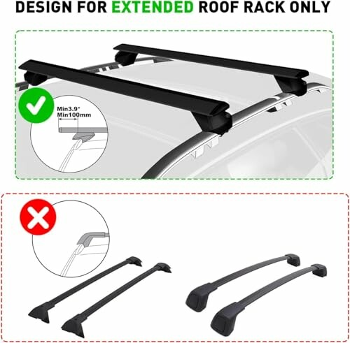 Illustration showing compatible and incompatible roof racks for extended car roofs.