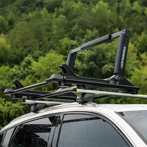 Car with rooftop bike rack against forest background.