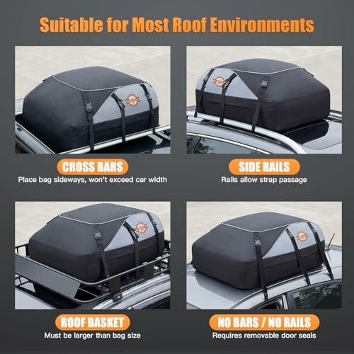 Car rooftop cargo bag options for cross bars, side rails, roof basket, and no bars.