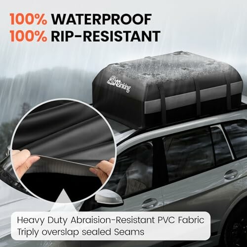 Waterproof and rip-resistant car rooftop cargo bag with abrasion-resistant PVC fabric.