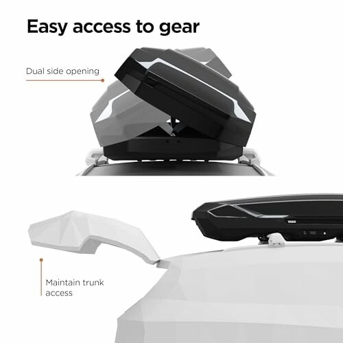 Rooftop cargo box with dual side opening and trunk access.